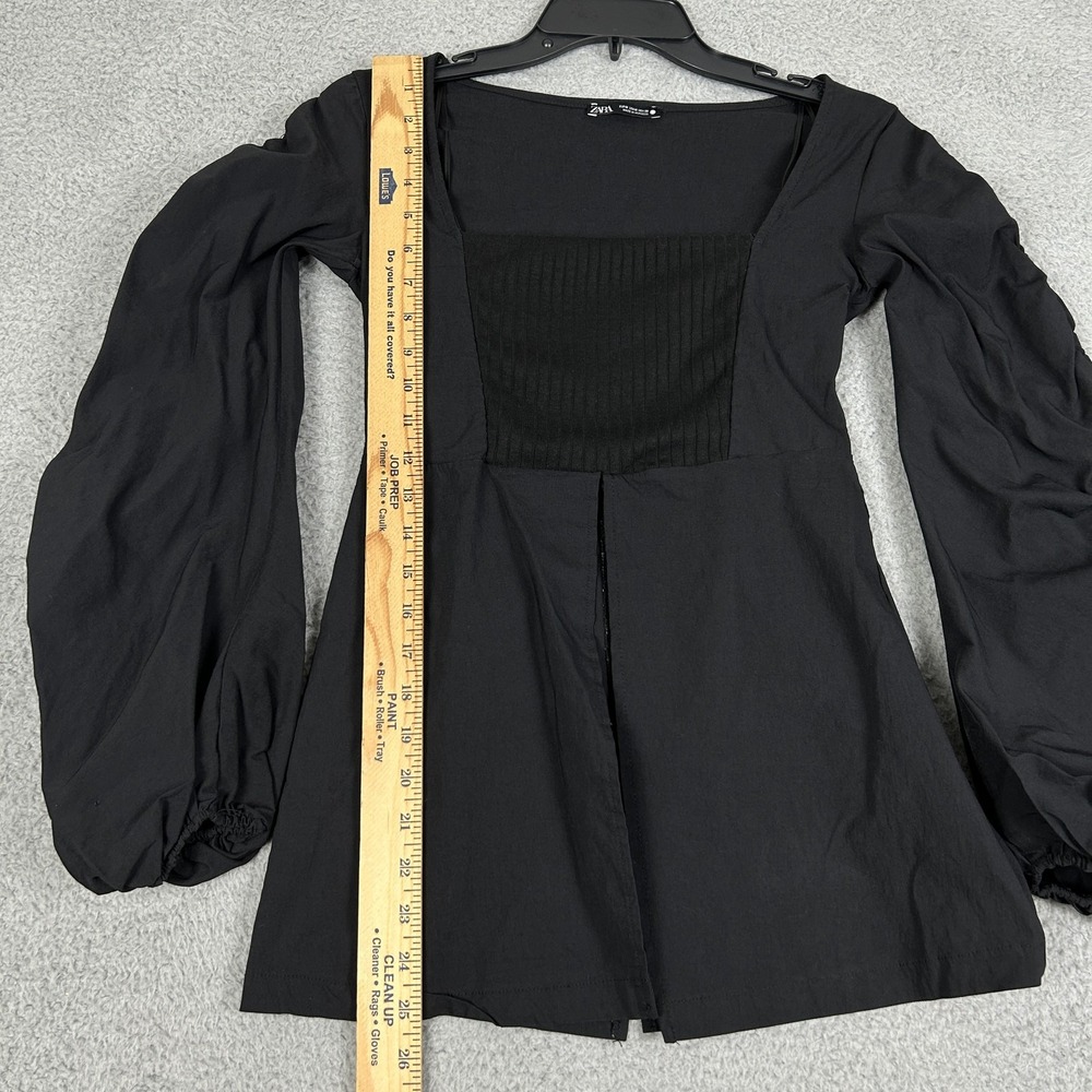 Zara Top Womens Medium Split Front Peplum Balloon Blouse Ruched Witchy Gothic - Picture 8 of 12